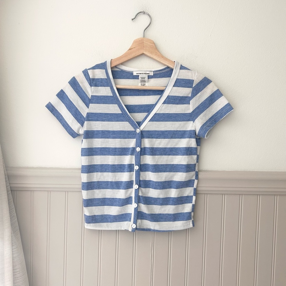 Caution To The Wind Small Cropped Striped V-Neck Button Front Tee Blue White